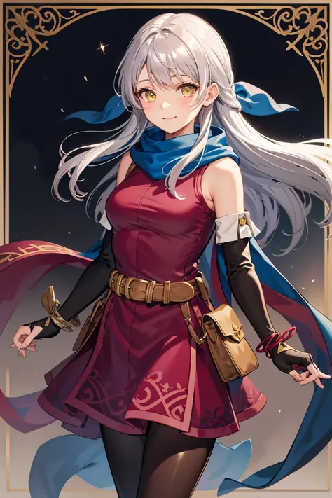 Micaiah_(_emblem),  1 girl,  yellow eyes, Alone,  Grey Hair ,  half up, ribbon,  shoulder out,  dress, Fingerless gloves, sleeveless  dress,  scarf,  bracelet, belt, smile、night、 black pantyhose、 Valentine's Day 、 chocolate、hand over