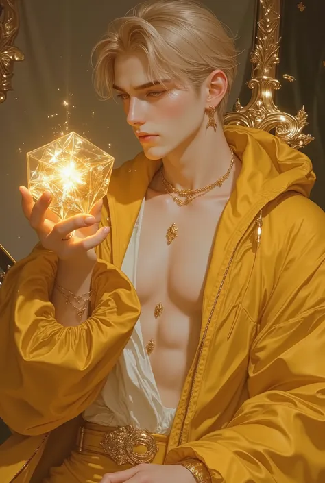 His eyes are a radiant, light golden amber with soft flecks of honey and pale green, . His body is toned and athletic, like a professional sportsman, with visible abs and a broad chest, giving him an athletic yet elegant appearance. His hair is styled laye...