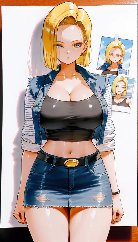 marker \(medium\), traditional media, unparalleled masterpiece, 8k uhd, perfect artwork, mature woman, android 18, blonde hair, blue eyes, short hair, photo, anime, tight black tshirt, crop top, denim jaket, cleavage, denim skirt