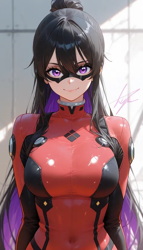 score_9, score_8_up, score_7_up, score_6_up, score_5_up, score_4_up, BREAK, source_anime, 1girl, violetparr, black hair, long hair, purple eyes, domino mask, red bodysuit, upper body, smile, standing, looking at viewer, marker \(medium\), traditional media...