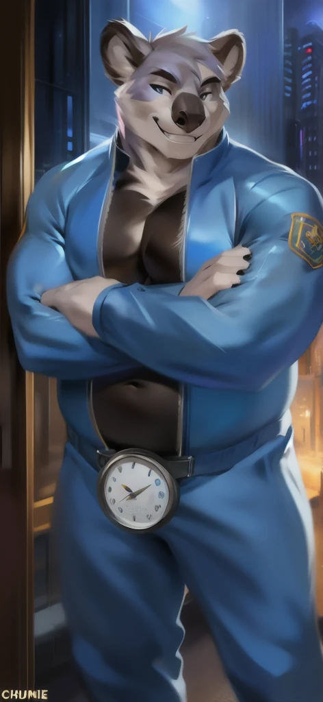  alone , Male tall , Big torso ,Standing , world time clock.,koala ,Holding a clock club., portrait pose, Blue Military Spacesuit,  Overweight ,  Muscle Bundle, smirking psychosis, by chunie 