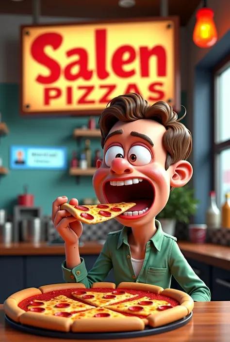 GIF image of an adult cartoon with a happy face eating a pizza with a sign that says Salen Pizzas