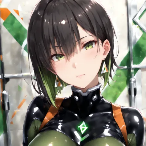 masterpiece, (((( best quality )))),,,shiny skin, wearing a black pilot suit, dark hair, short bob hair,The inner color of the hair is green, green eyes,isosceles triangle earrings,,,large breasts,