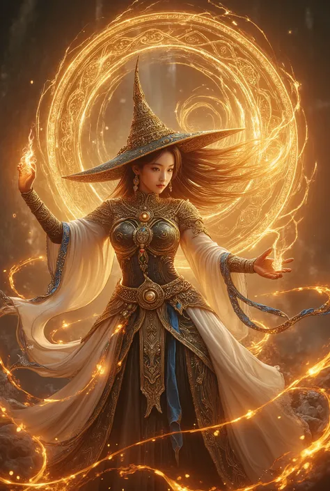 A powerful and elegant wizard girl stands amidst a glowing aura of magic. She wears a Thai-inspired outfit adorned with intricate golden patterns, layered over a long-sleeved black inner garment. A flowing white cloak with blue trims and golden Thai motifs...