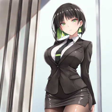 masterpiece, (((( best quality )))),,,shiny skin, wearing a black suit, black tie , tight skirt, black tights, dark hair, short bob hair,The inner color of the hair is green, green eyes,isosceles triangle earrings,,,large breasts,