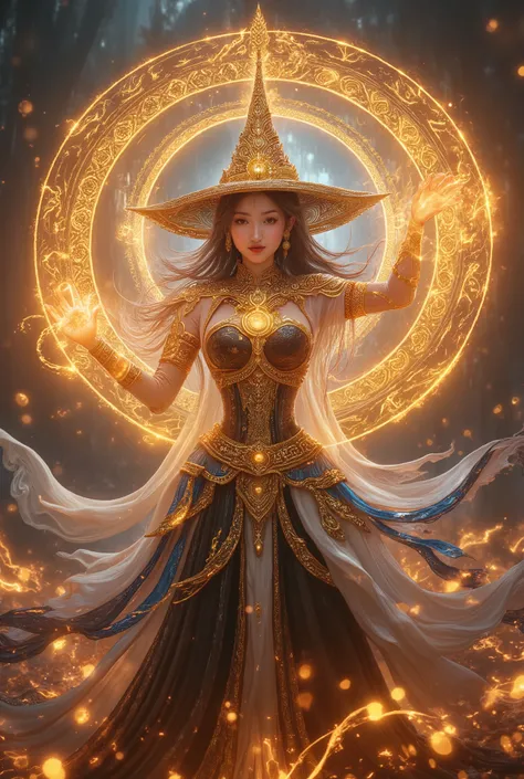 A powerful and elegant wizard girl stands amidst a glowing aura of magic. She wears a Thai-inspired outfit adorned with intricate golden patterns, layered over a long-sleeved black inner garment. A flowing white cloak with blue trims and golden Thai motifs...