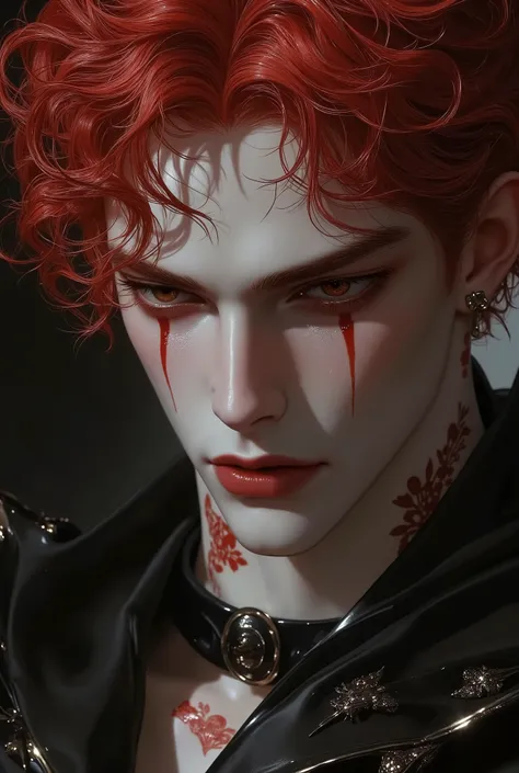 Handsome ****************** boy with red curly hair, face painted white and lips black. Eyes red. hairless, with hearts painted on their nipples, red pubic hair. Usando roupas de príncipe em vermelho e preto com detalhes de cartas