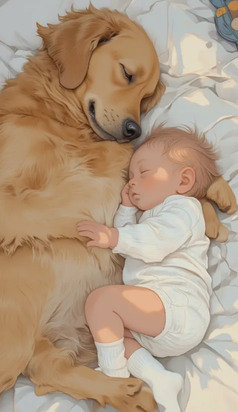 Warm Embrace/A warm hug/Warm embrace、 very cute baby、baby in white underwear、Golden retriever sleeping with a baby in white underwear、Baby and golden retriever、A golden retriever with a gentle gaze