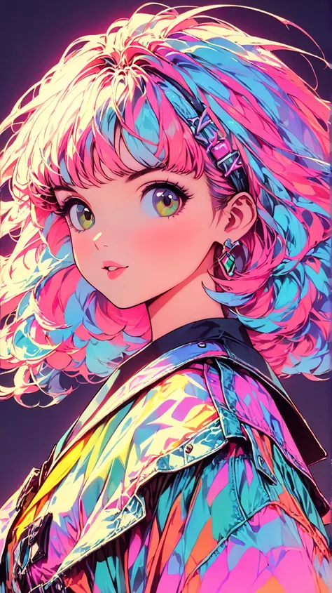 ( top quality:1.2,  City Pop Style, very well detailed , Latest,  lively,  high contrast,  Masterpiece:1.2,  top quality,  Best Aesthetics),  girl, (( upshot:1.4)),  colorful hair,  bob cut,  pastel color ,  1980s Style , ((Retro,  vintage,  Blek le Rat st...