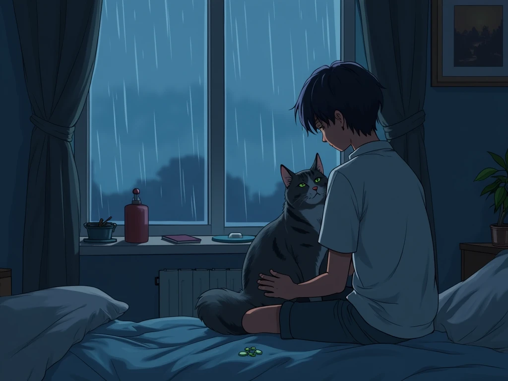 A sad boy sitting looking out the window in his room because while he is caressing his cat with gray tabby fur. While waiting for the message . A rainy night background. His room a little cluttered and some anti-depressant pills in his bed . She's sad beca...