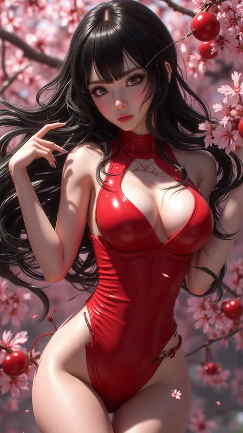 High-resolution depiction of Momono spring fruit in animated 4K quality in digital drawing mode ，High-resolution depiction of Taoyano fruits in anime 4K quality， with a background of winding dark black hair ， wearing a smooth red bodysuit 、Deep black eyes，...