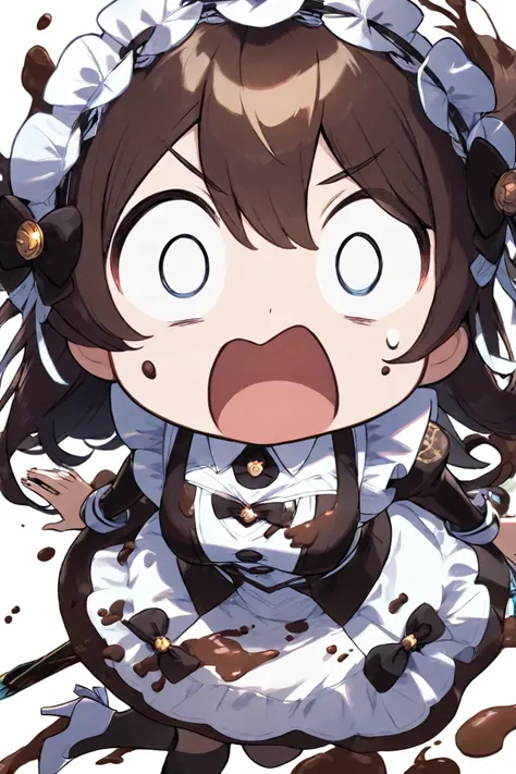  covered in chocolate　 long brown hair　 maid clothes　 black knee-highs　  white high heels with a sword　 flower headdress with death spots 　 surprised face　