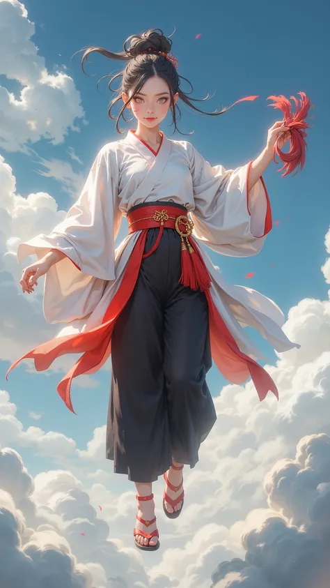  The stunning 32K resolution depicts the full body view of a woman looking like a woman ， with an elegant bun of hair around her head ， while a glowing copper ring wraps around her feet ， as she elegantly floats skyward 。 holding an eye-catching red tassel...