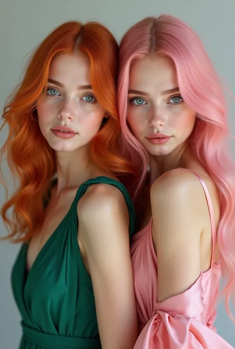 
Realistic. young woman with ginger hair, blue eyes and wearing a green dress; young woman with pink hair, blue eyes and wearing a pink dress