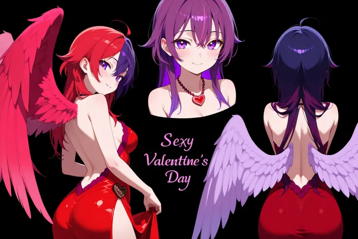 A naughty angel spreads valentine day mayhem (sexy, cute, pink and purple feathered wings, extremely revealing and sexy red and purple feathered dress, Valentine themed jewelry, violet eyes, deep red and dark violet mixed color hair), character study, blac...