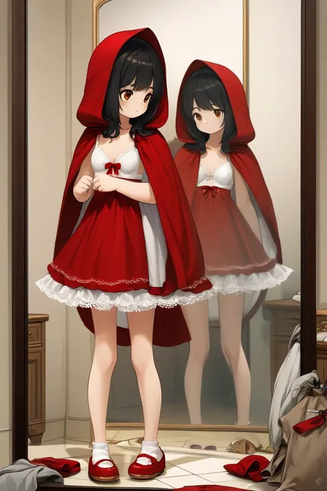  top quality,   ultra high resolution、(( girl))、Standing in front of a mirror reflecting my whole body、 semi-long black hair, brown eyes, Little Red Riding Hood,、Wearing a white bra and underwear、Getting dressed