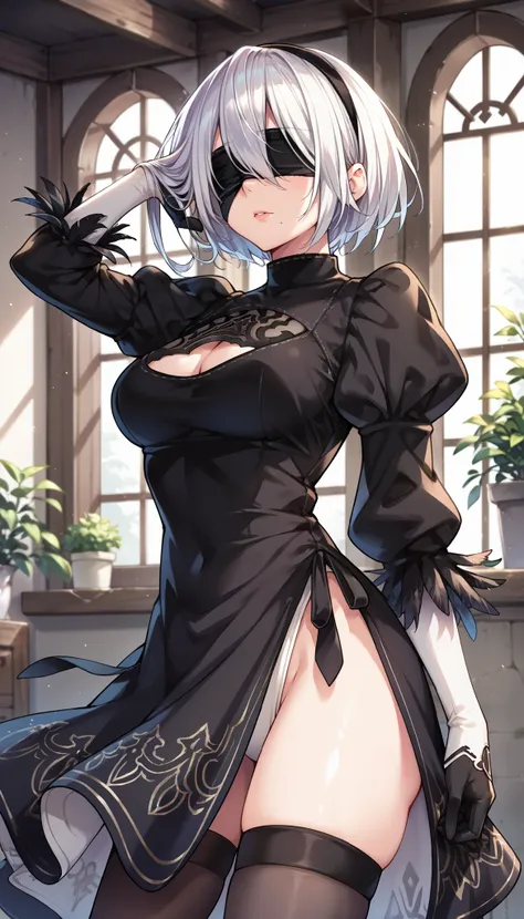 score_9, score_8_up, score_7_up, score_6_up, score_5_up, score_4_up, source_anime,newest,game cg,dutch angle, 2b, long_sleeves, gloves, dress, cleavage,black_gloves, puffy_sleeves, black_thighhighs, mole, black_dress, clothing_cutout, cleavage_cutout, blac...