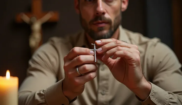 Pose: A close-up of his strong, well-defined hands holding a silver cross pendant, his face partially visible, expression filled with quiet intensity.
Attire: A well-fitted, beige or neutral-colored long-sleeved shirt, neat and understated.
Lighting: Warm ...