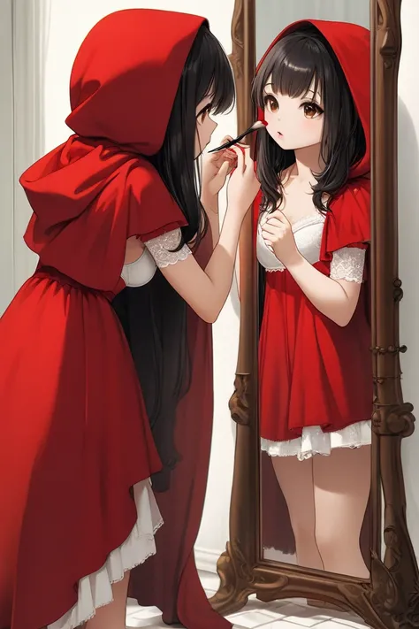  top quality,   ultra high resolution、(( girl))、 is standing in front of a mirror reflecting her whole body、 semi-long black hair, brown eyes, Little Red Riding Hood,、Wearing a white bra and underwear、 while applying makeup