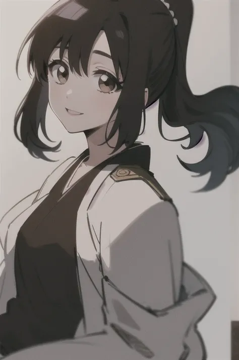  Masterpiece,   top quality ,
  one girl from the side ,   romantic love ,    black hair,  single ,  Ponytail, Vancouver,   brown eyes,
 Hair bangs,
   kimono, white sleeveless coat ,Captain's coat without white sleeves,  black  kimono ,
smile,  alone,   I...