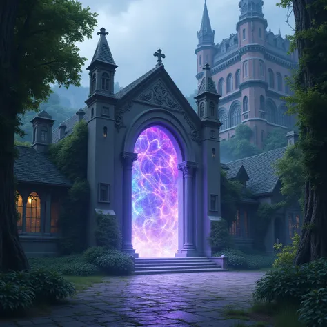 A mysterious, purple and blue glowing gate in the middle of a grassy courtyard with a magic college background. The gate is made of white stone and emits a soft blue and purple light.