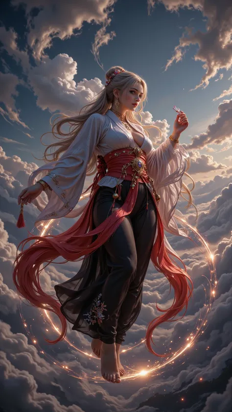  The stunning 32K resolution depicts the full body view of a woman looking like a woman ， with an elegant bun of hair around her head ， while a glowing copper ring wraps around her feet ， as she elegantly floats skyward 。 holding an eye-catching red tassel...