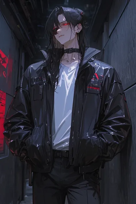 masterpiece, newest, absurdres, safe Solo, high detailed, male, handsome masculine male, Sexy male. Masculine male. Handsome Male, sexy male, Seductive, black hair, messy hair, long hair, hairbun, black hair, sexy, black jacket, sci-fi, cyberpunk jacket, c...