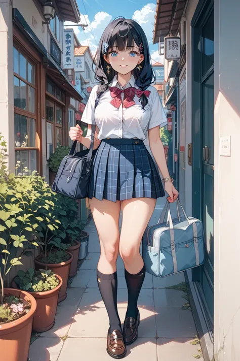 Japanese high school girls look like black hair and have blouse-only uniforms, but the buttons on their blouses are fully open、 and the bra skirt is all navy blue, but they are padded enough to look like a leopard print micro pants even when standing、Knee-...