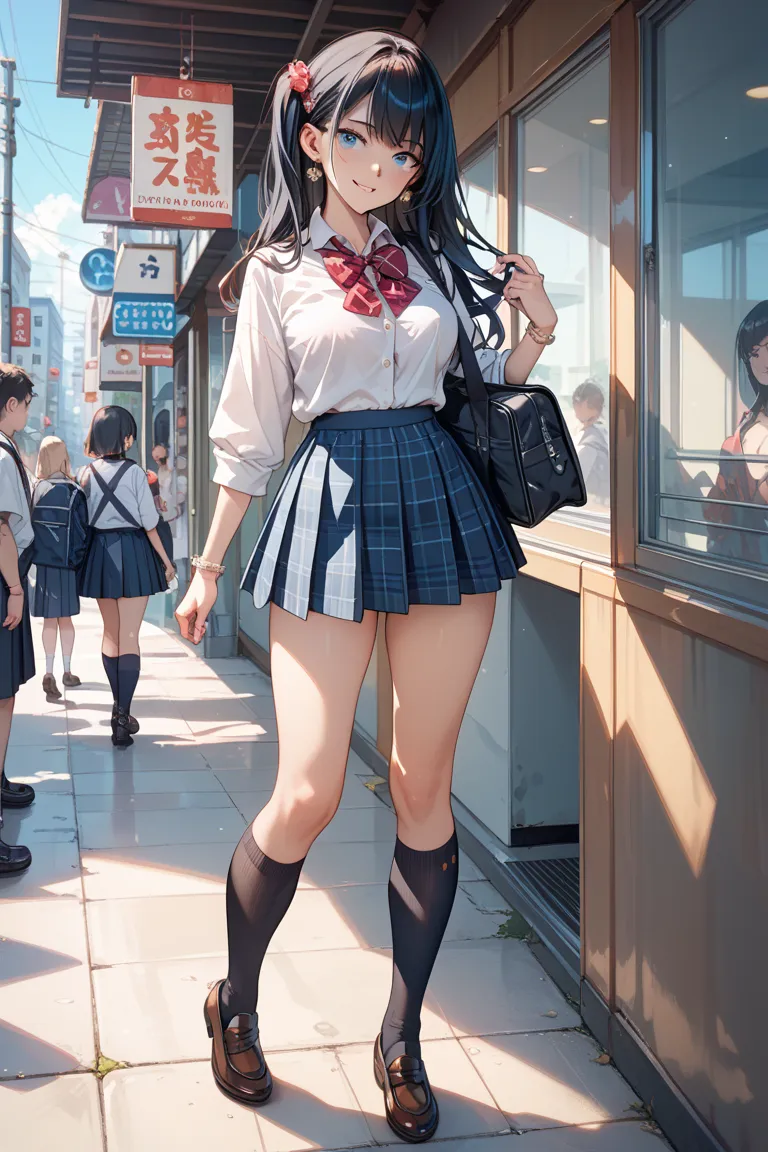 Japanese high school girls look like black hair and have blouse-only uniforms, but the buttons on their blouses are fully open、 and the bra skirt is all navy blue, but they are padded enough to look like a leopard print micro pants even when standing、Knee-...