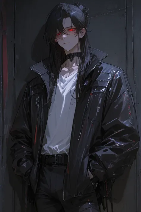 masterpiece, newest, absurdres, safe Solo, high detailed, male, handsome masculine male, Sexy male. Masculine male. Handsome Male, sexy male, Seductive, black hair, messy hair, long hair, hairbun, black hair, sexy, black jacket, sci-fi, cyberpunk jacket, c...