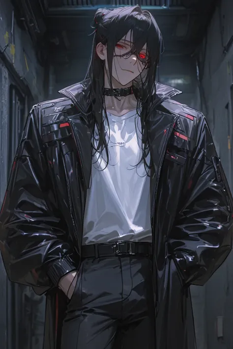 masterpiece, newest, absurdres, safe Solo, high detailed, male, handsome masculine male, Sexy male. Masculine male. Handsome Male, sexy male, Seductive, black hair, messy hair, long hair, hairbun, black hair, sexy, black jacket, sci-fi, cyberpunk jacket, c...