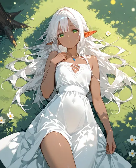 A beautiful white-haired, brown-skinned young elf lying on a lawn looking at the stars