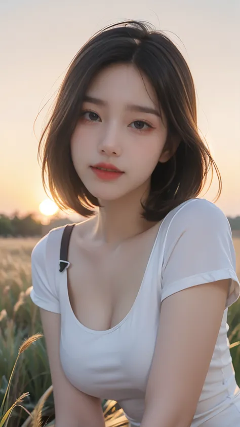 no, Ray tracing, Radio City, Anisotropic filtration, 16,000, best quality, 1 woman, alone, mature, beautiful young woman, ((Cropped T-shirt)) , Gradient long hair, (((grass field)))、laugh、sunset、((big breasts)) 、, realistic lighting, backlighting, light on...