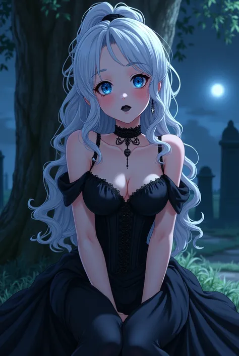 Sexy anime women with long curly white  hair in a ponytail and bright sapphire blue eyes. Wearing a sleeveless v neck off the shoulders black revealing corset ball gown, with black lipstick on and eyeshadow with black eyeliner on and wearing a spider choke...