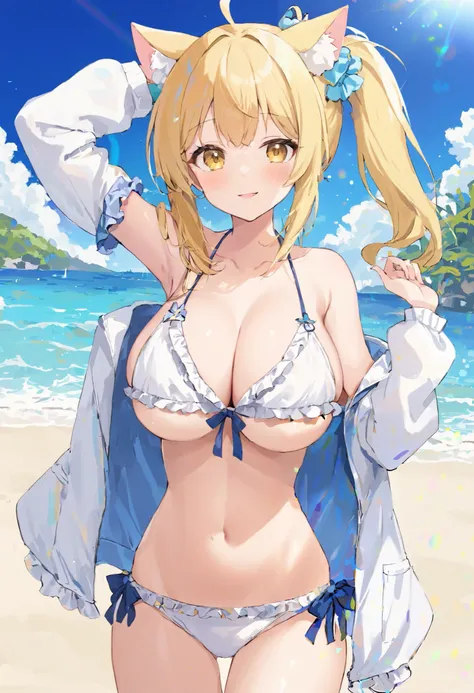 1girl solo animal-ears cat-ears swimsuit navel bikini long-hair animal-ear-fluff beach looking-at-viewer blonde-hair jewelry outdoors yellow-eyes white-bikini open-clothes frills day upper-body frilled-bikini blush bracelet bare-shoulders off-shoulder neck...