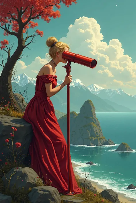 Create a book cover, At 512 x 800 pixels ,  The cover style will be illustrative , Of an important scene from the book , Is Lery one of the protagonists, In the Red Forest ,  a fictional place in the book containing a red telescope, That is on a tall rock,...