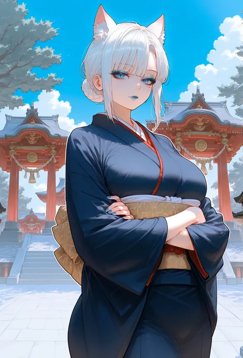 (kitsune ears), mixed_artwork style, short hair, white hair, sidelocks, side bangs, blue eyes, perfect eyes, diamong sharp eyes, black & blue kimono, Mole under eye, curvy, (massive chest), White outline, (expressionless), Sensual woman, Seductive woman, M...