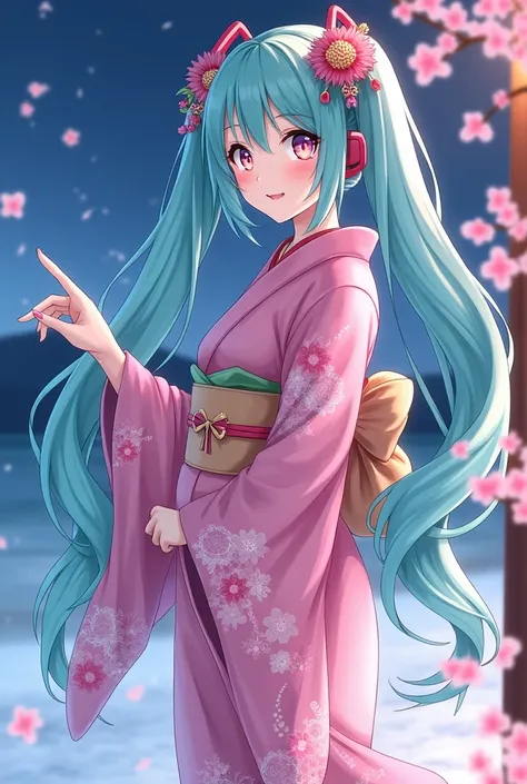      Hatsune Miku wearing a pink kimono with cherry blossom details   (     Sakura flowers ) And some details blue night sky   ,  Without hat , with a cheerful and lively face      ,  On a snowy Japanese beach   ,      lamp  , (((    E anime-style with det...