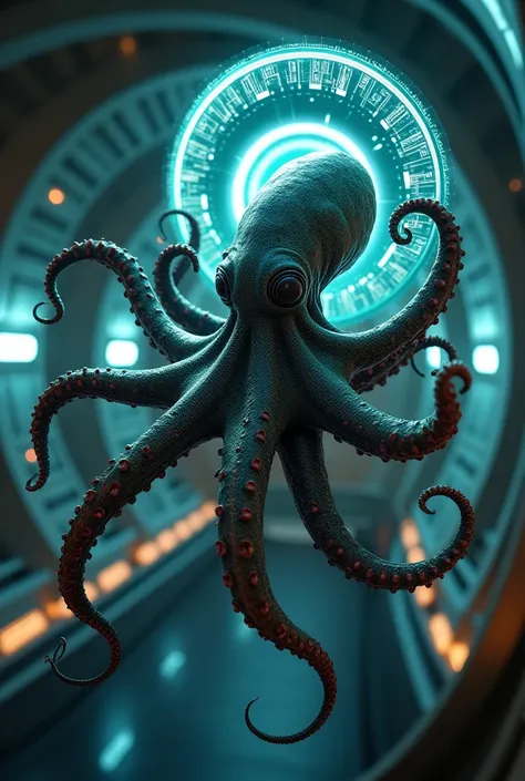 Humanoid octopus on an alien spaceship manipulating a toroid