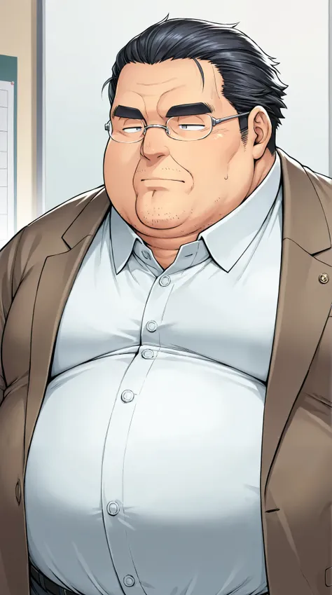 obese fat man,solo ,rimless glasses,black slicked back hair,cleft chin,japanese , narrow eyes, teacher,body