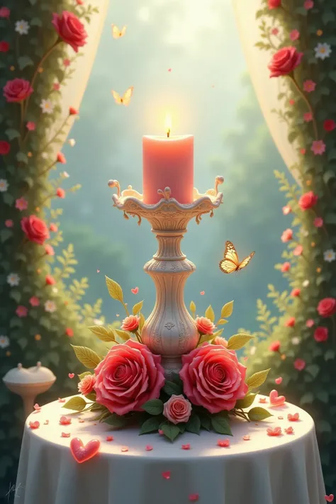 candlestick with hearts and roses， Butterfly