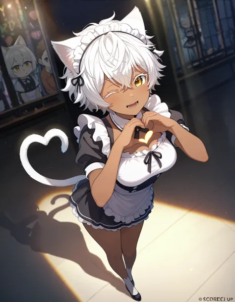 (Masterpiece, high quality, shaders, shadows, cinematic light, detailed, anime) Solo, woman, semi human, catgirl, short hair, messy pixie hair cut, pointy cat ears, white cat ears, white hair, yellow eyes, large eyes, elegant eyes, (medium breast sieze), r...