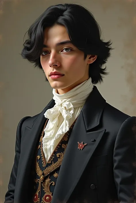 A portrait of teenage John. He has grey eyes and shoulder-length black wavy hair. He's wearing a princely suit and he's looking to the side.