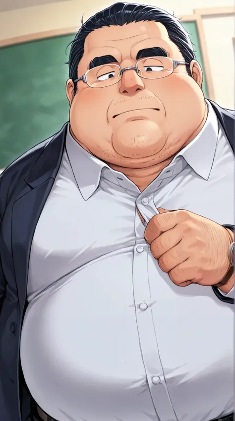 obese fat man,solo ,rimless glasses,black slicked back hair,cleft chin,japanese , narrow eyes, teacher,body