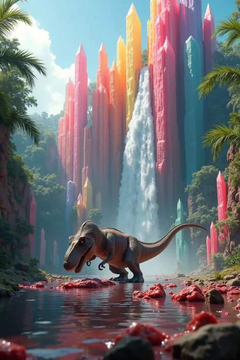 A cliff that is 300 feet tall made up of gigantic quartz crystal points that are multicolored pillars in a tropical rainforest. In the middle of these skyscraper sized quartz crystals is an incredible gushing cascading waterfall that pours into a beautiful...