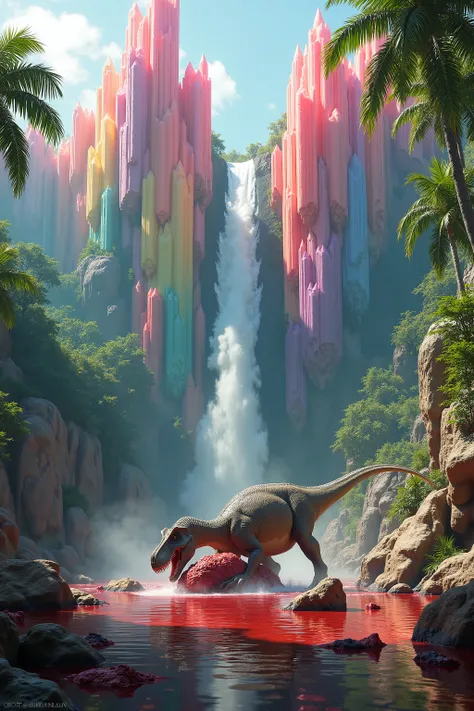 A cliff that is 300 feet tall made up of gigantic quartz crystal points that are multicolored pillars in a tropical rainforest. In the middle of these skyscraper sized quartz crystals is an incredible gushing cascading waterfall that pours into a beautiful...