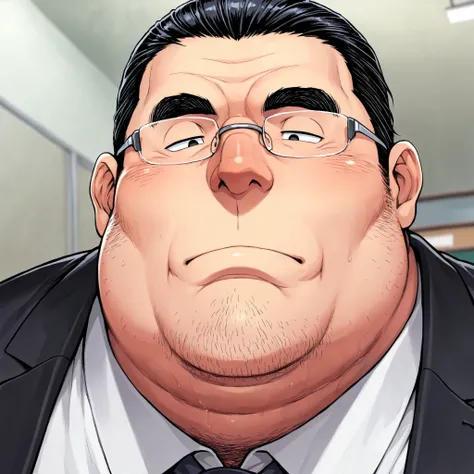 obese fat man,solo ,rimless glasses,black slicked back hair,cleft chin,japanese , narrow eyes, teacher,body