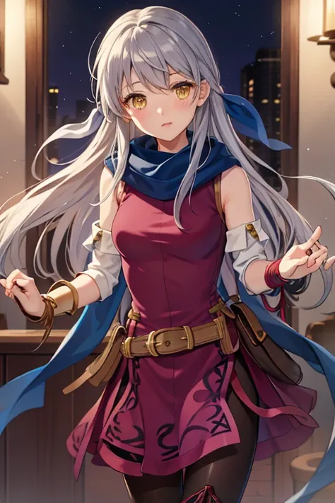 Micaiah_(_emblem),  1 girl,  yellow eyes, Alone,  Grey Hair ,  half up, ribbon,  shoulder out,  dress, Fingerless gloves, sleeveless  dress,  scarf,  bracelet, belt,  is bashful、night、 black pantyhose、 Valentine's Day 、 holding chocolate with both hands、 c...