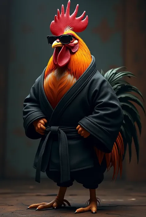 Rooster in dark glasses and jiu-jitsu kimono 