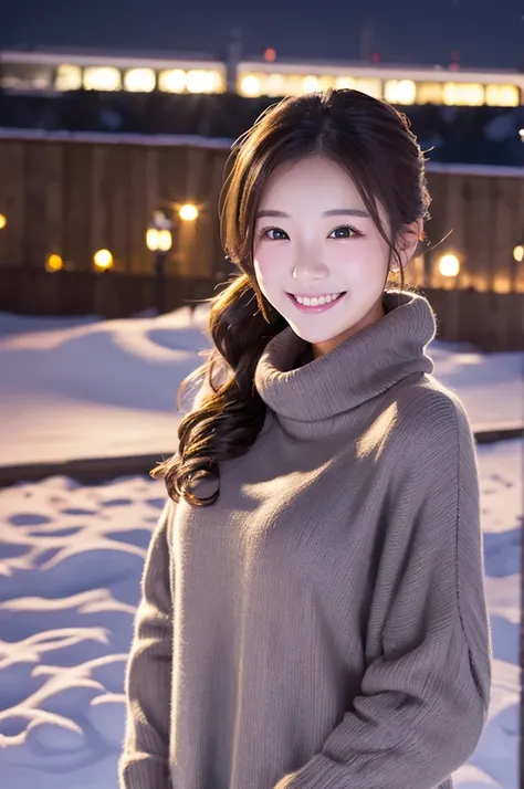  one woman、21 years old、Beautiful appearance、 slender、( Ponytail:1.1)、Loose perm、 turtleneck sweater 、 muffler、 upper body、smile、( top quality)、(Genuine、 real :1.1)、 superior、 night view、snow、